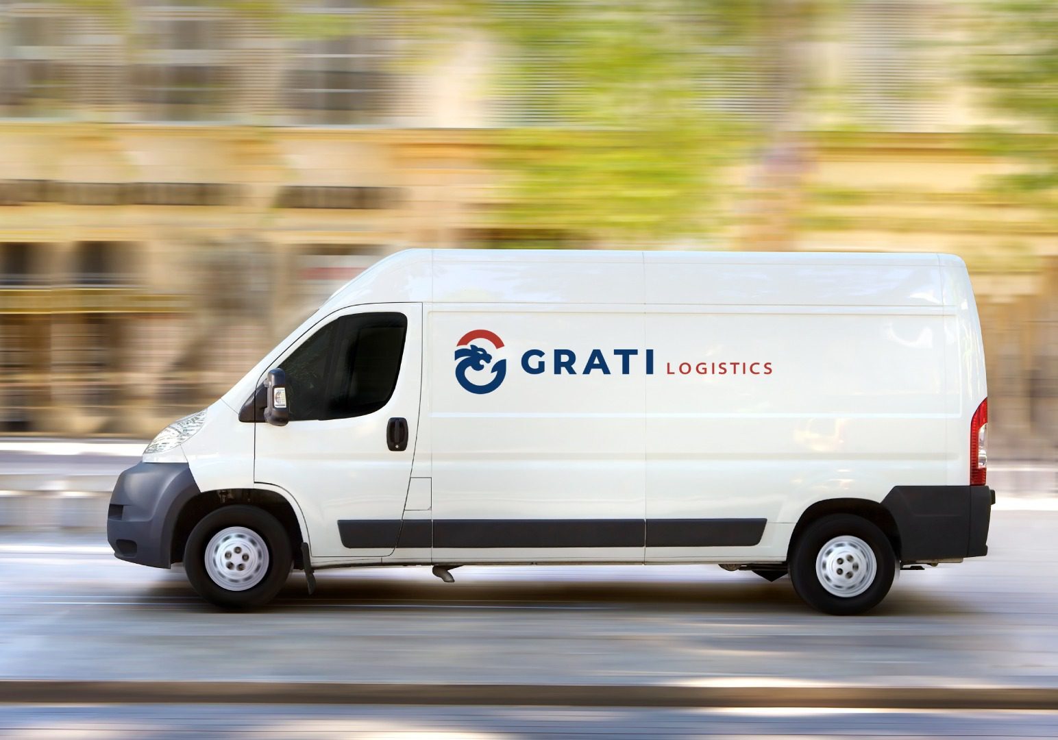 A white van with the word " gratis logistics " on it.